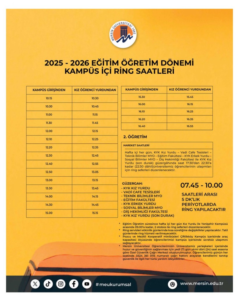 2025-2026 Eğitim Öğretim Dönemi Kampüs İçi Ring Saatleri detayı için tıklayınız